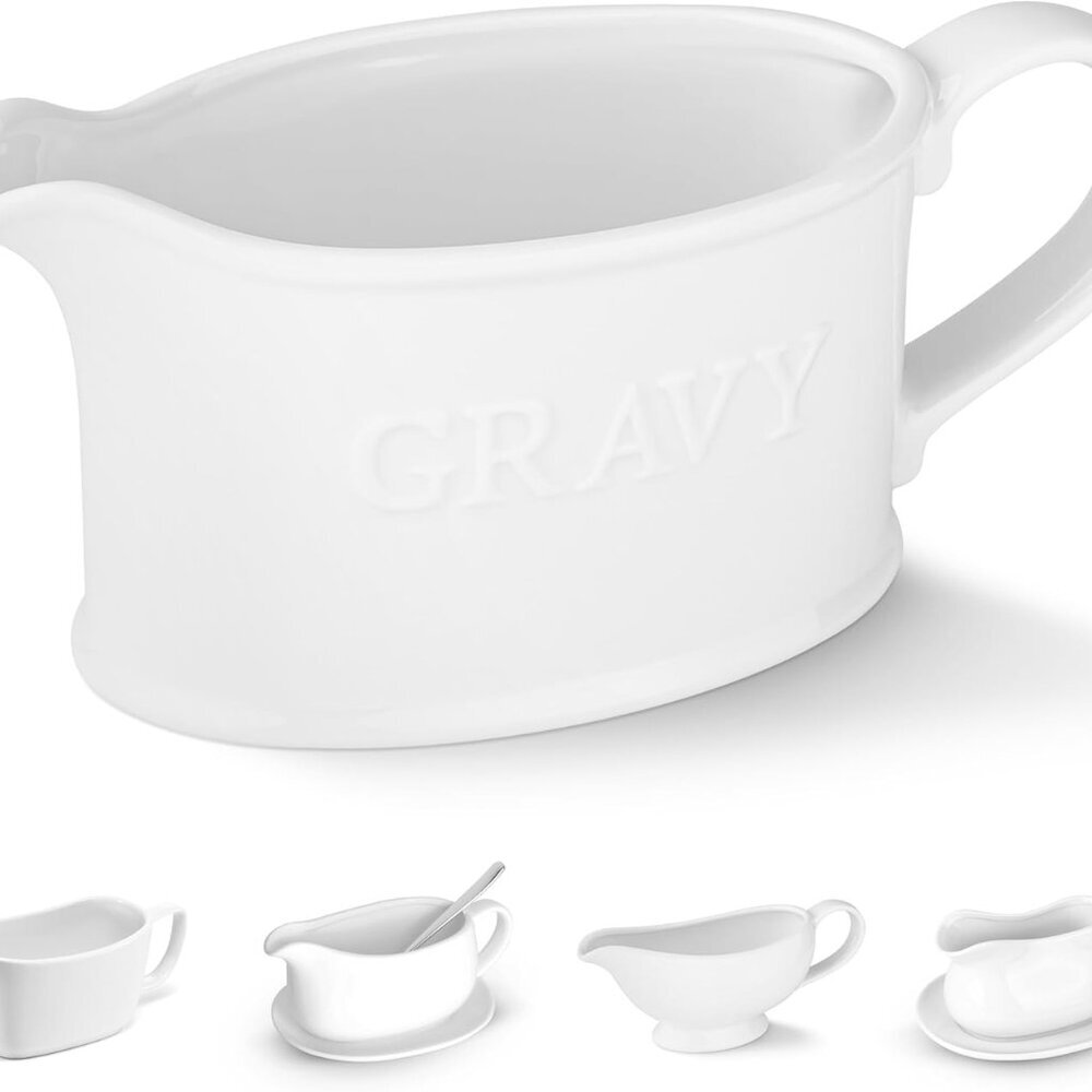 Ceramic Gravy Boat, Serving Dispenser, Porcelain Pitcher for Sauces, Dressings a